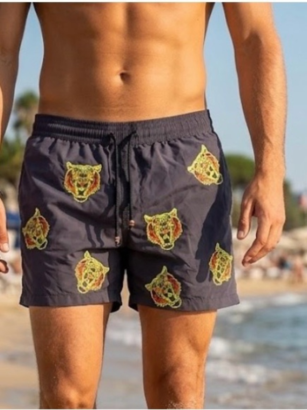 NEW, LES CANEDIERS SAINT TROPEZ Embroidered Blue Tiger Swim Shorts Mens Swimwear